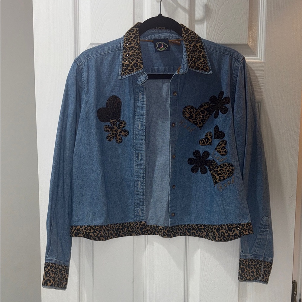 Leopard Trim Denim Jacket/Button Up